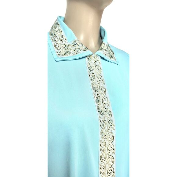 Vintage 50s/60s Lane Bryant Blue Metallic Gold Trim Snap Front Peignoir Robe XXL - Picture 4 of 9